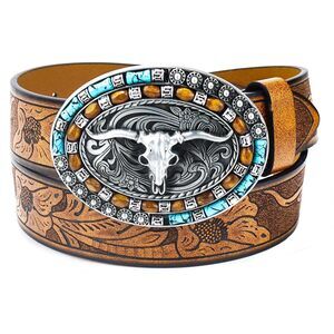7365 Women Western Cowboy Belt- Pu Leather Longhorn Bull Turquoise Embossed